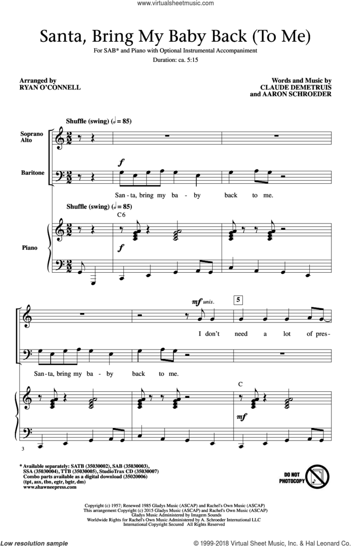 Santa, Bring My Baby Back (To Me) sheet music for choir (SAB: soprano, alto, bass) by Aaron Schroeder, Elvis Presley and Claude DeMetruis, intermediate skill level