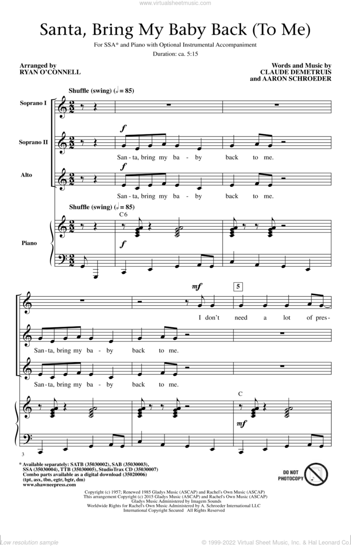 Santa, Bring My Baby Back (To Me) sheet music for choir (SSA: soprano, alto) by Aaron Schroeder, Elvis Presley and Claude DeMetruis, intermediate skill level