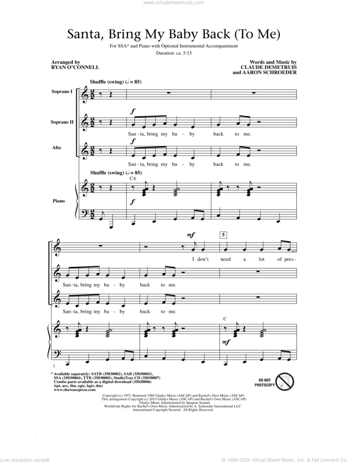 Santa, Bring My Baby Back (To Me) sheet music for choir (SSA: soprano, alto) by Aaron Schroeder, Elvis Presley and Claude DeMetruis, intermediate skill level