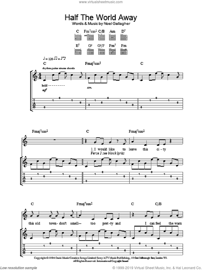 Half The World Away sheet music for guitar (tablature) by Oasis and Noel Gallagher, intermediate skill level