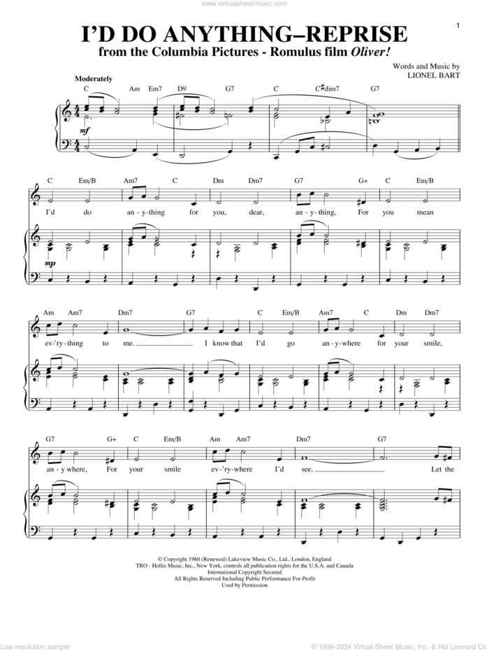 I'd Do Anything - Reprise sheet music for voice and piano by Lionel Bart, intermediate skill level