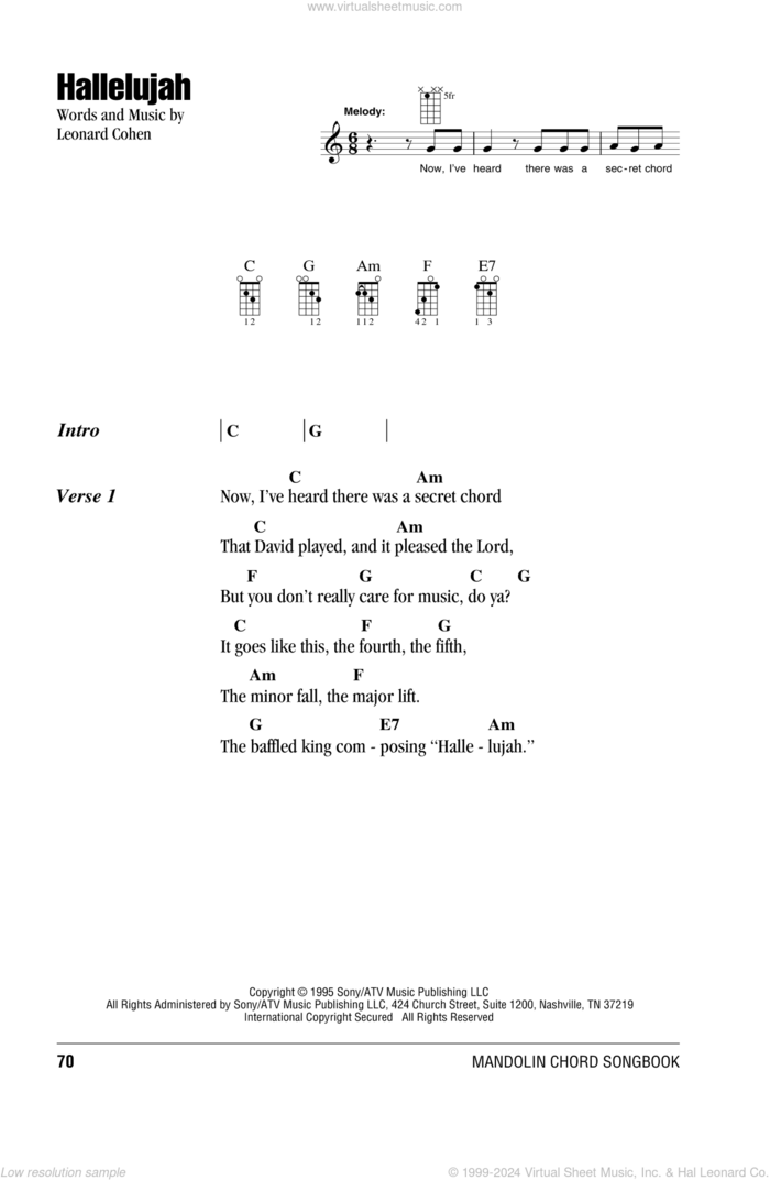 Hallelujah sheet music for mandolin (chords only) by Leonard Cohen, Justin Timberlake & Matt Morris featuring Charlie Sexton and Lee DeWyze, intermediate skill level