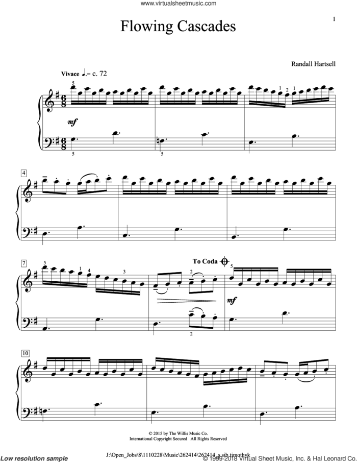 Flowing Cascades sheet music for piano solo (elementary) by Randall Hartsell, beginner piano (elementary)