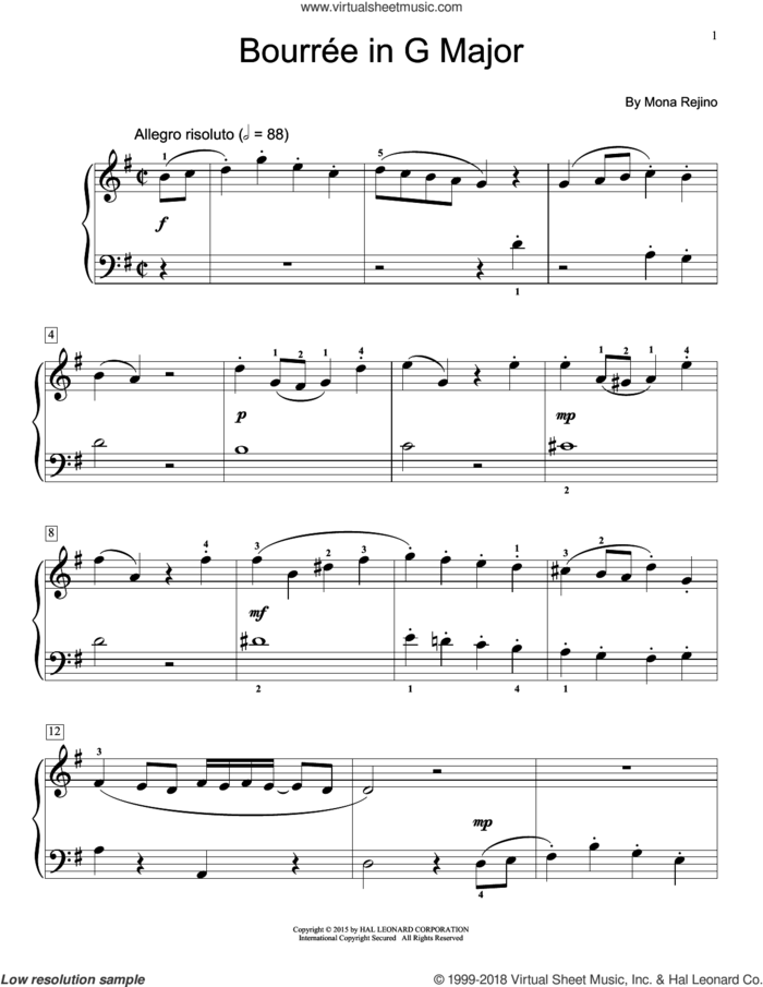 Bourre In G Major sheet music for piano solo (elementary) by Mona Rejino, beginner piano (elementary)