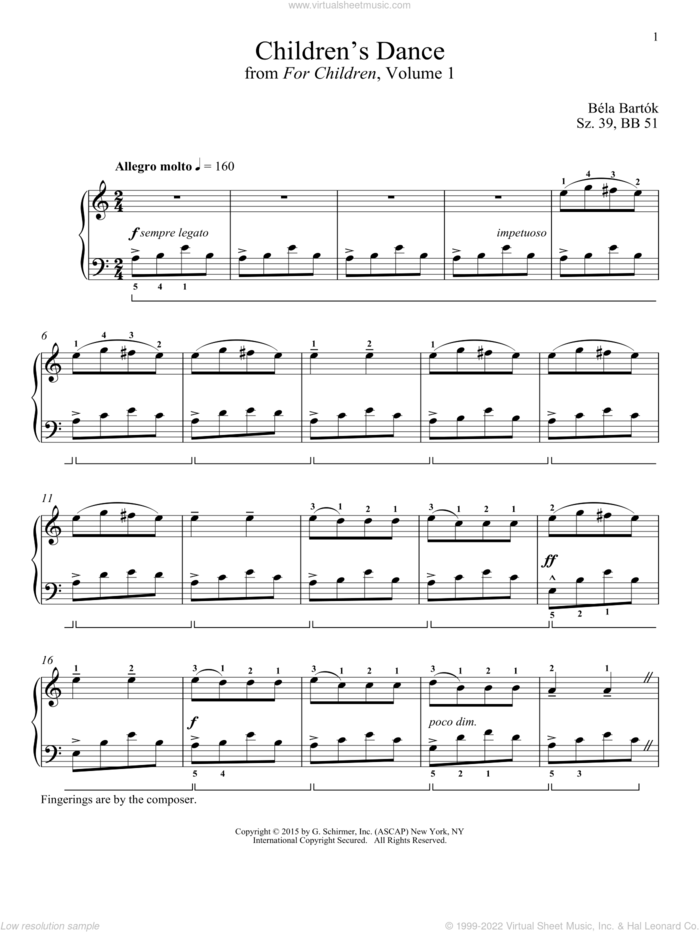 Children's Dance sheet music for piano solo by Bela Bartok, Richard Walters and Bela Bartok, classical score, intermediate skill level