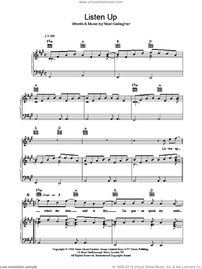 Listen Up sheet music for voice, piano or guitar by Oasis and Noel Gallagher, intermediate skill level