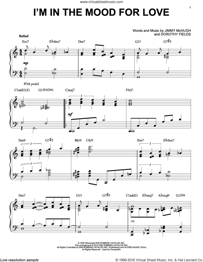 I'm In The Mood For Love [Jazz version] (arr. Brent Edstrom) sheet music for piano solo by Dorothy Fields and Jimmy McHugh, intermediate skill level