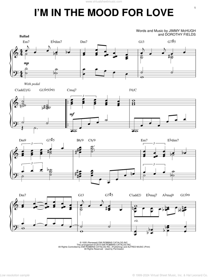 I'm In The Mood For Love [Jazz version] (arr. Brent Edstrom) sheet music for piano solo by Dorothy Fields and Jimmy McHugh, intermediate skill level