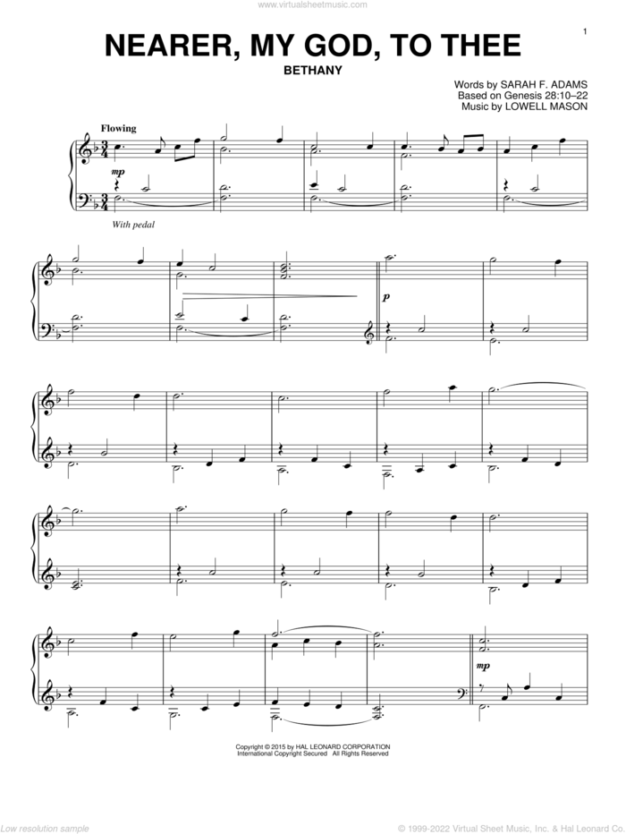 Nearer, My God, To Thee, (intermediate) sheet music for piano solo by Sarah F. Adams and Lowell Mason, intermediate skill level