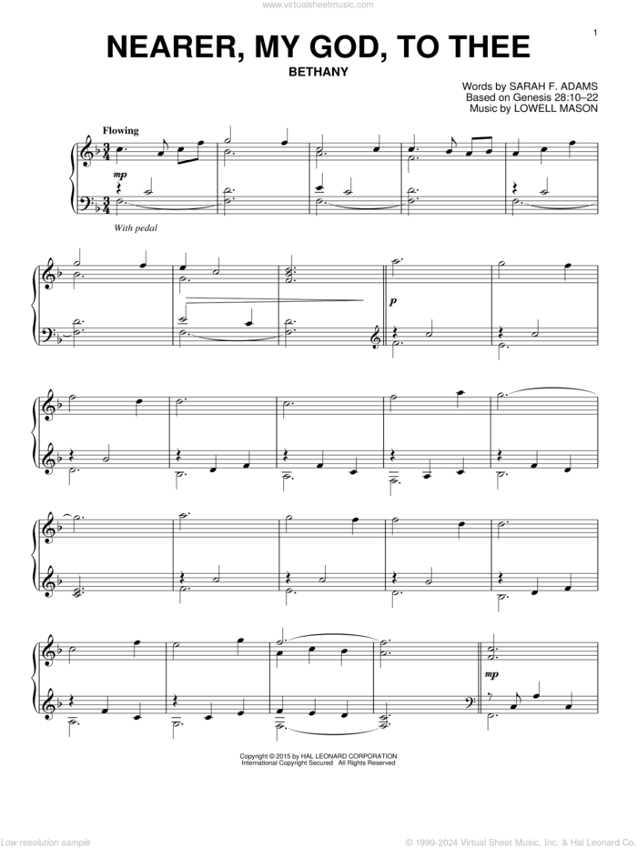 Nearer, My God, To Thee, (intermediate) sheet music for piano solo by Sarah F. Adams and Lowell Mason, intermediate skill level