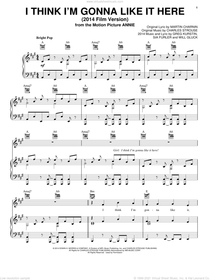 I Think I'm Gonna Like It Here (2014 Film Version) sheet music for voice, piano or guitar by Charles Strouse, Christoph Willibald Gluck, Greg Kurstin, Martin Charnin and Sia Furler, intermediate skill level