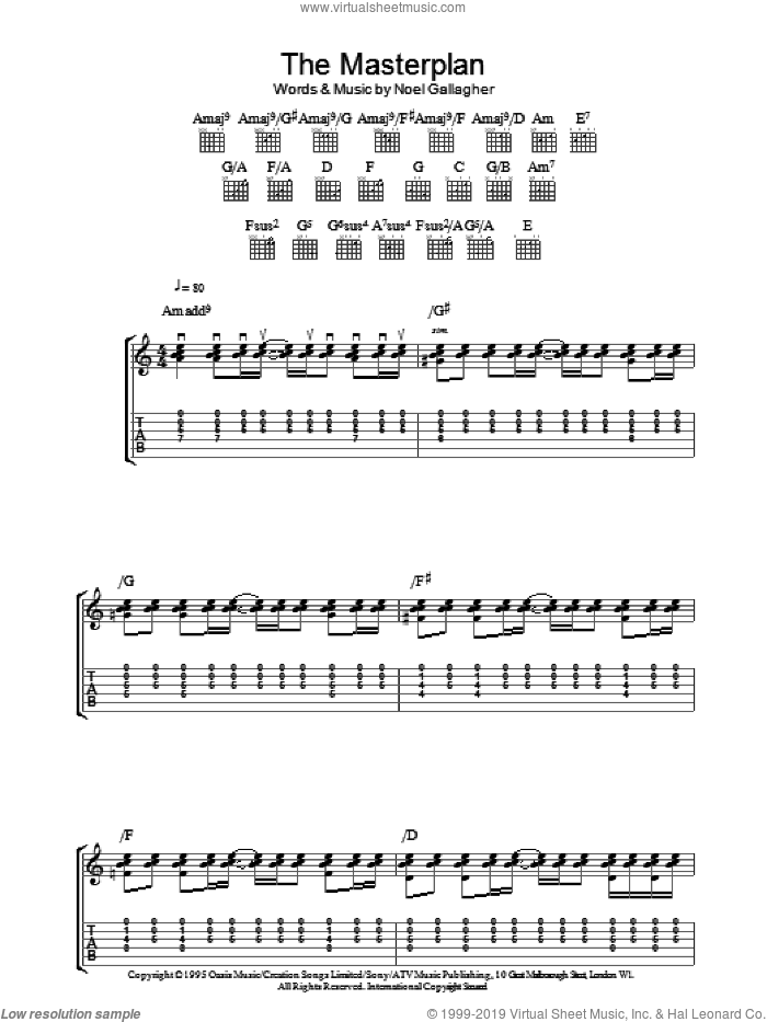 The Masterplan sheet music for guitar (tablature) by Oasis and Noel Gallagher, intermediate skill level