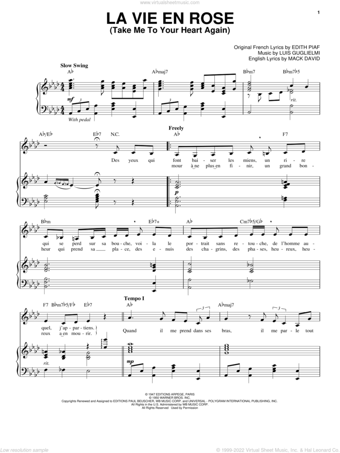 La Vie En Rose (Take Me To Your Heart Again) sheet music for voice and piano by Edith Piaf, Louis Guglielmi and Mack David, wedding score, intermediate skill level