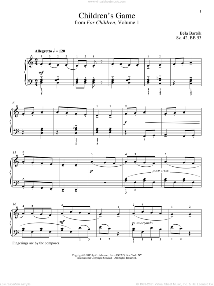 Children's Game sheet music for piano solo by Bela Bartok, Richard Walters and Bela Bartok, classical score, intermediate skill level