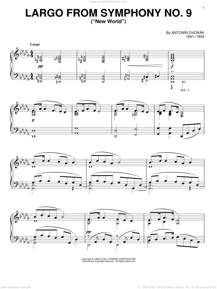 Largo From Symphony No. 9 ('New World') sheet music for piano solo by Antonin Dvorak and Antonin Dvorak, classical score, intermediate skill level