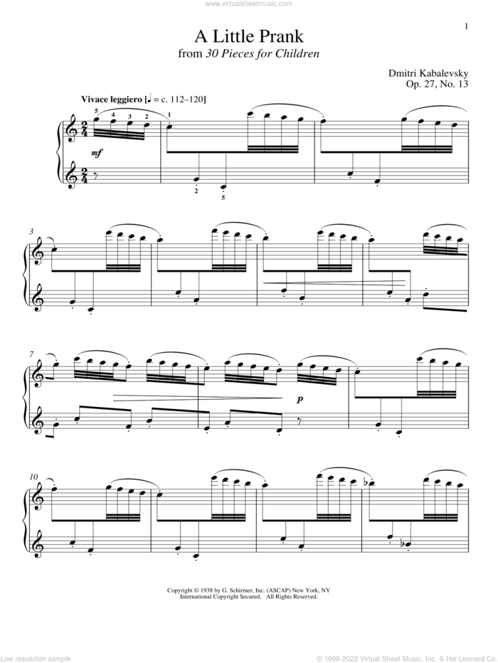 A Little Prank sheet music for piano solo by Dmitri Kabalevsky, Jeffrey Biegel, Margaret Otwell and Richard Walters, classical score, intermediate skill level