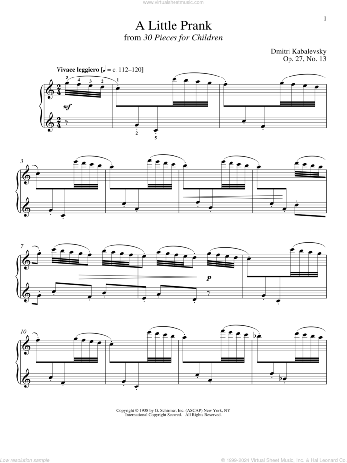 A Little Prank sheet music for piano solo by Dmitri Kabalevsky, Jeffrey Biegel, Margaret Otwell and Richard Walters, classical score, intermediate skill level