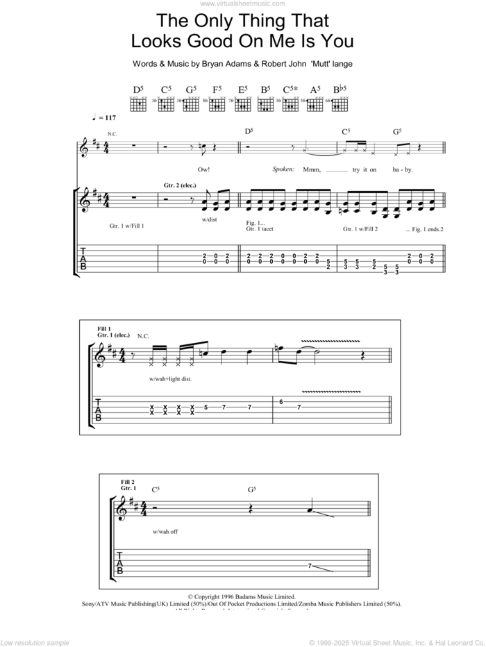 The Only Thing That Looks Good On Me Is You sheet music for guitar (tablature) by Bryan Adams and Robert John Lange, intermediate skill level