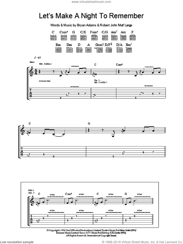 Let's Make A Night To Remember sheet music for guitar (tablature) by Bryan Adams and Robert John Lange, intermediate skill level