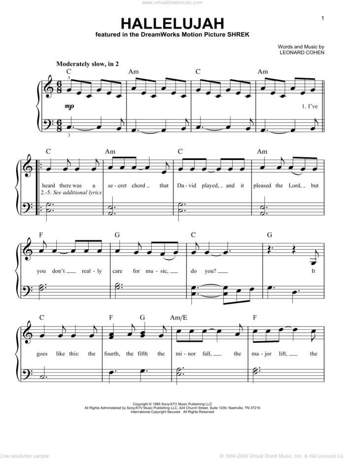 Hallelujah sheet music for piano solo by Leonard Cohen, Justin Timberlake & Matt Morris featuring Charlie Sexton and Lee DeWyze, easy skill level