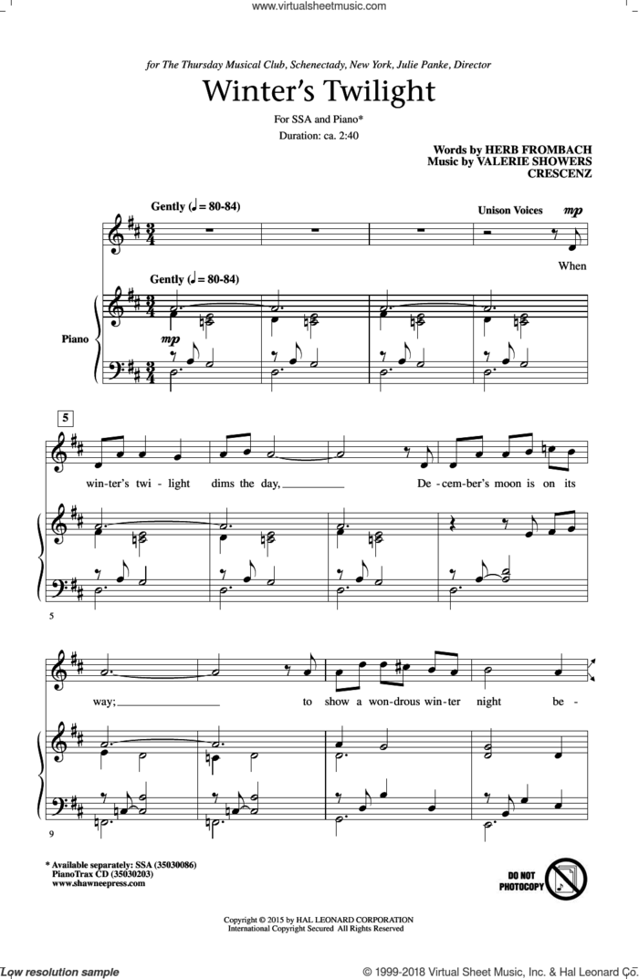 Winter's Twilight sheet music for choir (SSA: soprano, alto) by Herb Frombach and Valerie Crescenz, intermediate skill level