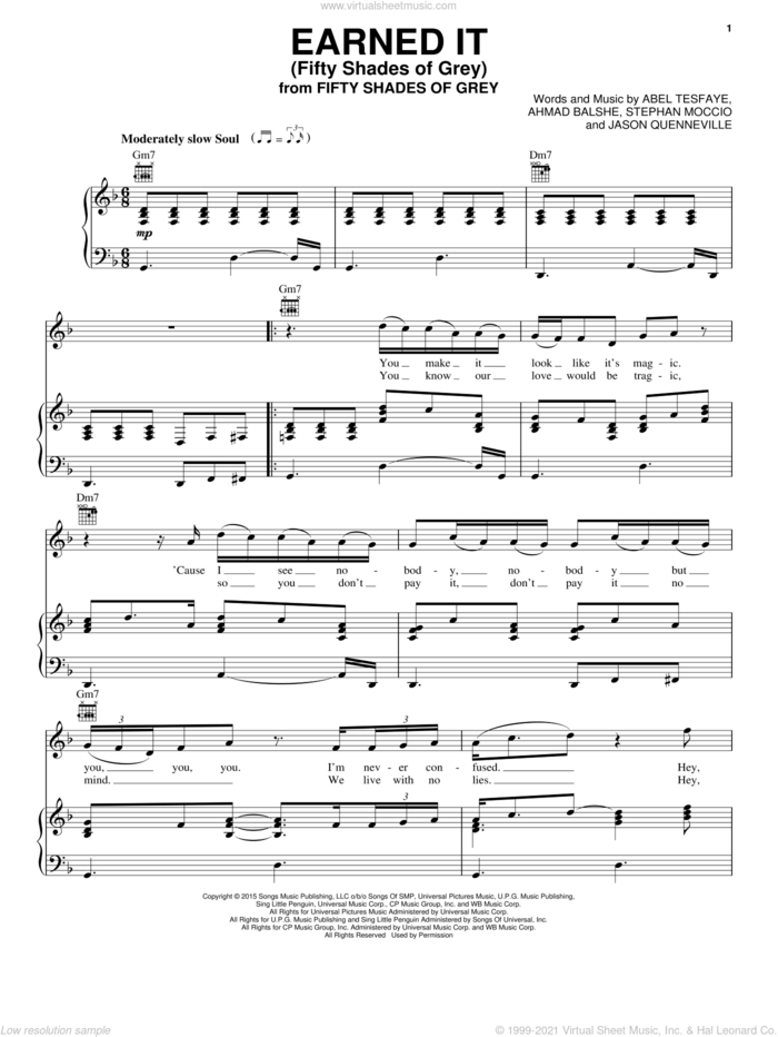 Earned It (Fifty Shades Of Grey) sheet music for voice, piano or guitar by The Weeknd, Abel Tesfaye, Ahmad Balshe, Jason Quenneville and Stephan Moccio, intermediate skill level