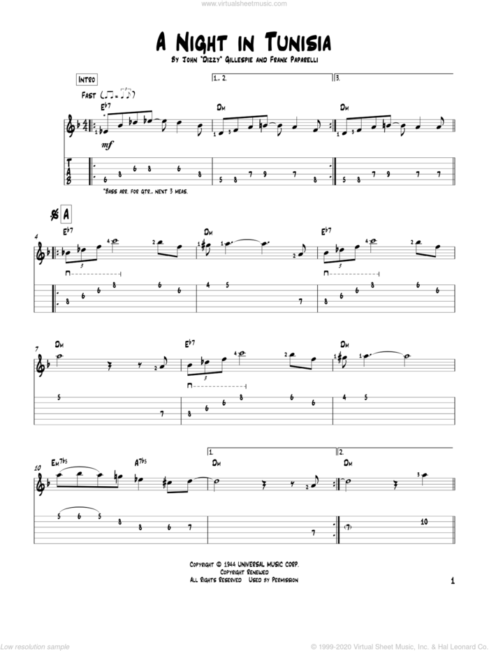 A Night In Tunisia sheet music for guitar solo by Dizzy Gillespie and Frank Paparelli, intermediate skill level