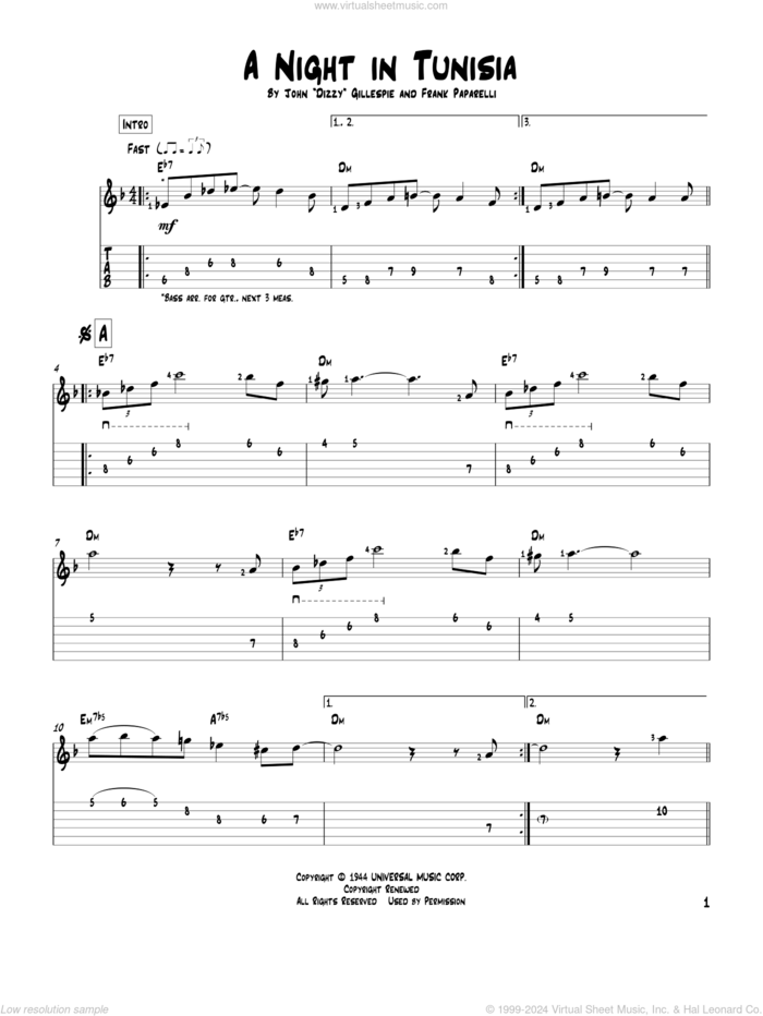 A Night In Tunisia sheet music for guitar solo by Dizzy Gillespie and Frank Paparelli, intermediate skill level