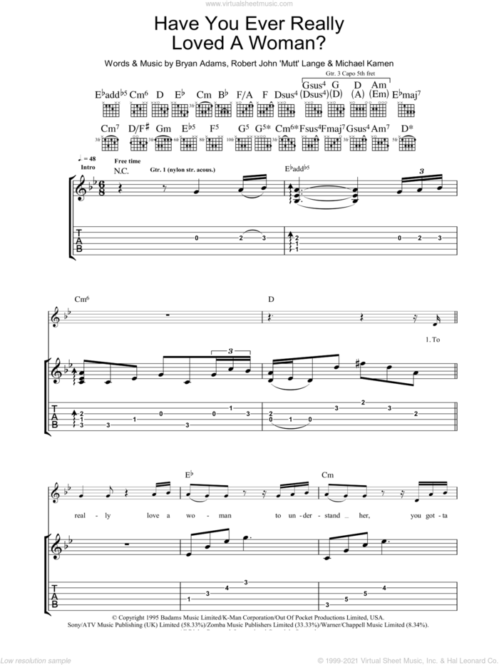 Have You Ever Really Loved A Woman? sheet music for guitar (tablature) by Bryan Adams, Michael Kamen and Robert John Lange, intermediate skill level