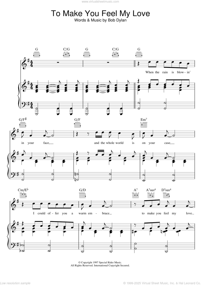 To Make You Feel My Love sheet music for voice, piano or guitar by Bob Dylan, intermediate skill level