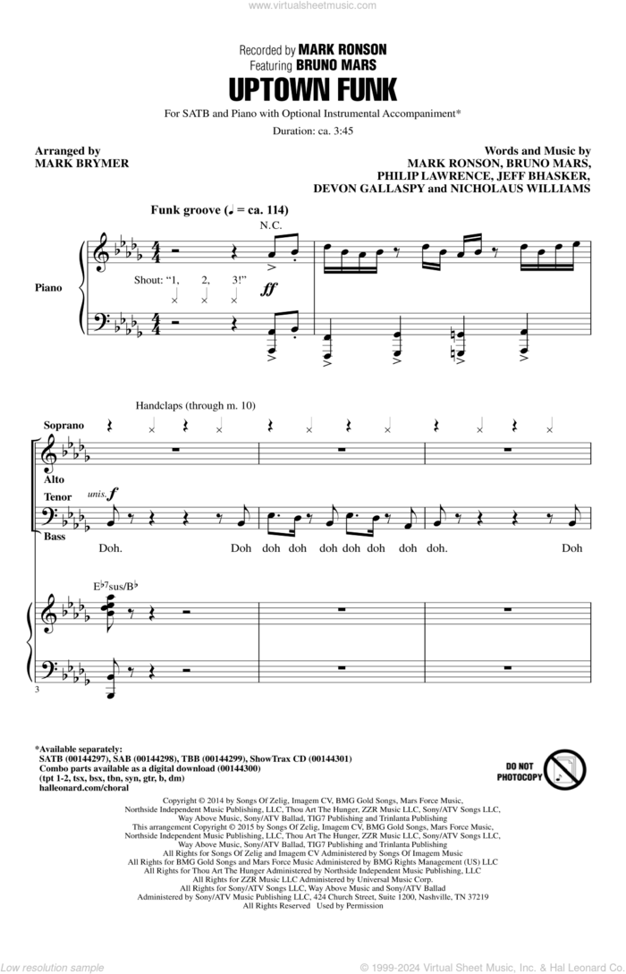 Uptown Funk (feat. Bruno Mars) (arr. Mark Brymer) sheet music for choir (SATB: soprano, alto, tenor, bass) by Bruno Mars, Mark Brymer, Mark Ronson ft. Bruno Mars, Devon Gallaspy, Jeff Bhasker, Mark Ronson, Nicholaus Williams and Philip Lawrence, intermediate skill level