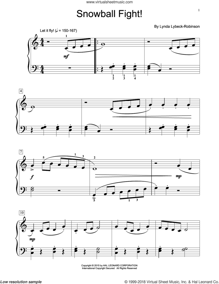 Snowball Fight! sheet music for piano solo (elementary) by Lynda Lybeck-Robinson, beginner piano (elementary)