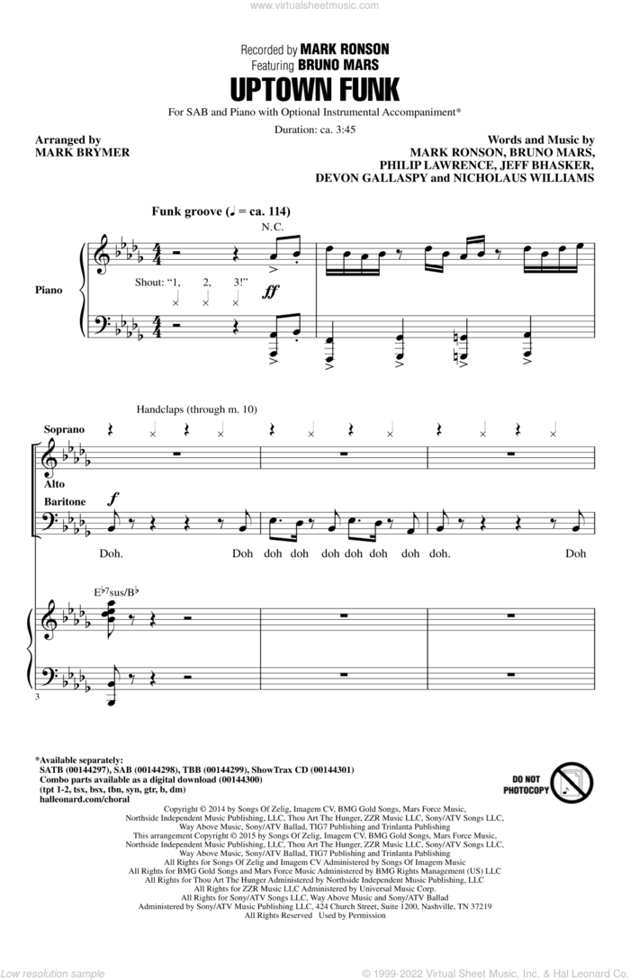 Uptown Funk (feat. Bruno Mars) (arr. Mark Brymer) sheet music for choir (SAB: soprano, alto, bass) by Bruno Mars, Mark Brymer, Mark Ronson ft. Bruno Mars, Devon Gallaspy, Jeff Bhasker, Mark Ronson, Nicholaus Williams and Philip Lawrence, intermediate skill level