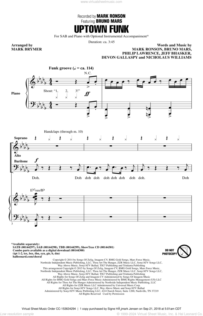 Uptown Funk (feat. Bruno Mars) (arr. Mark Brymer) sheet music for choir (SAB: soprano, alto, bass) by Bruno Mars, Mark Brymer, Mark Ronson ft. Bruno Mars, Devon Gallaspy, Jeff Bhasker, Mark Ronson, Nicholaus Williams and Philip Lawrence, intermediate skill level