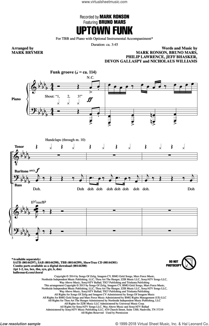 Uptown Funk (feat. Bruno Mars) (arr. Mark Brymer) sheet music for choir (TBB: tenor, bass) by Bruno Mars, Mark Brymer, Mark Ronson ft. Bruno Mars, Devon Gallaspy, Jeff Bhasker, Mark Ronson, Nicholaus Williams and Philip Lawrence, intermediate skill level