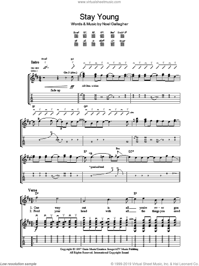 Stay Young sheet music for guitar (tablature) by Oasis and Noel Gallagher, intermediate skill level