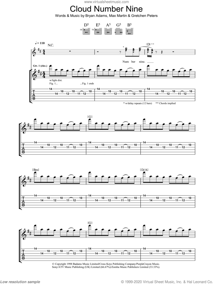 Cloud Number Nine sheet music for guitar (tablature) by Bryan Adams, Gretchen Peters and Max Martin, intermediate skill level