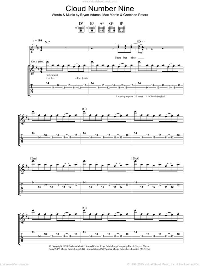 Cloud Number Nine sheet music for guitar (tablature) by Bryan Adams, Gretchen Peters and Max Martin, intermediate skill level