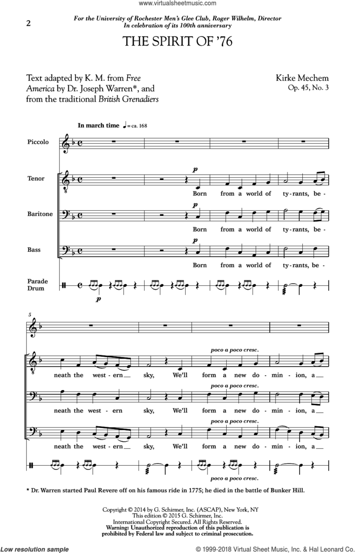 The Spirit of '76 sheet music for choir (TBB: tenor, bass) by Kirke Mechem, intermediate skill level