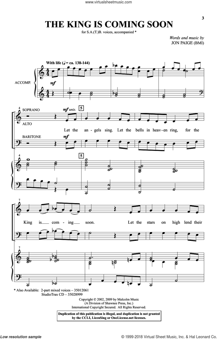 The King Is Coming Soon sheet music for choir (SATB: soprano, alto, tenor, bass) by Jon Paige, intermediate skill level
