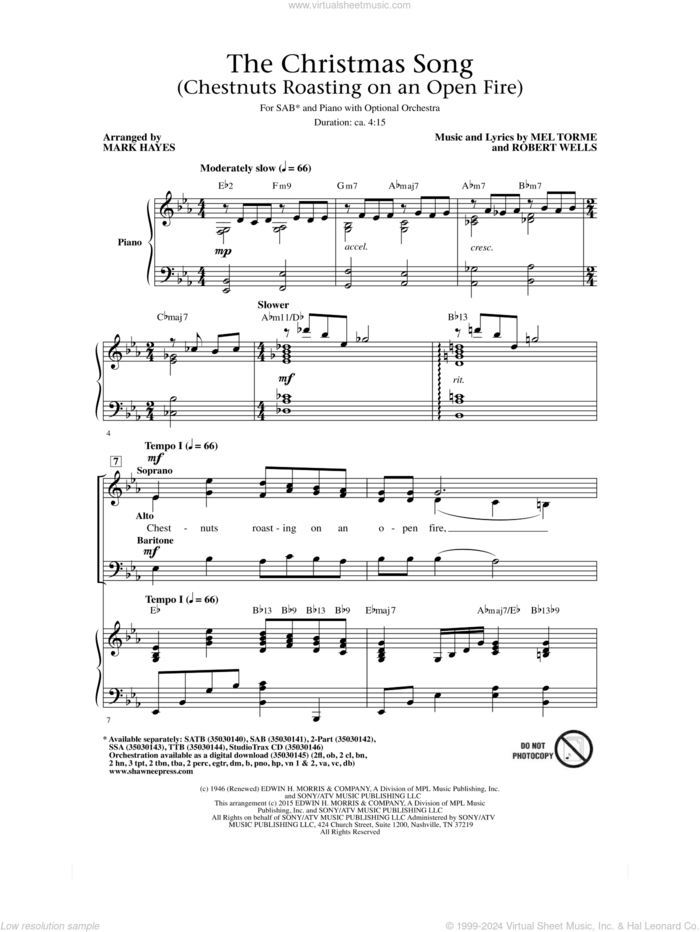 The Christmas Song (Chestnuts Roasting On An Open Fire) sheet music for choir (SAB: soprano, alto, bass) by Mark Hayes, Mel TormAA, Mel Torme, Mel Torme and Robert Wells, intermediate skill level