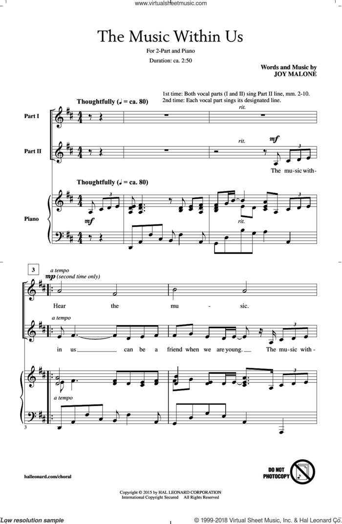 The Music Within Us sheet music for choir (2-Part) by Joy Malone, intermediate duet