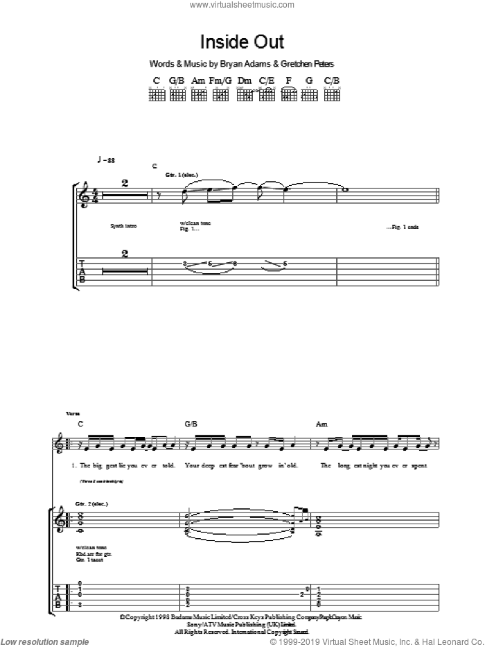 Inside Out sheet music for guitar (tablature) by Bryan Adams and Gretchen Peters, intermediate skill level