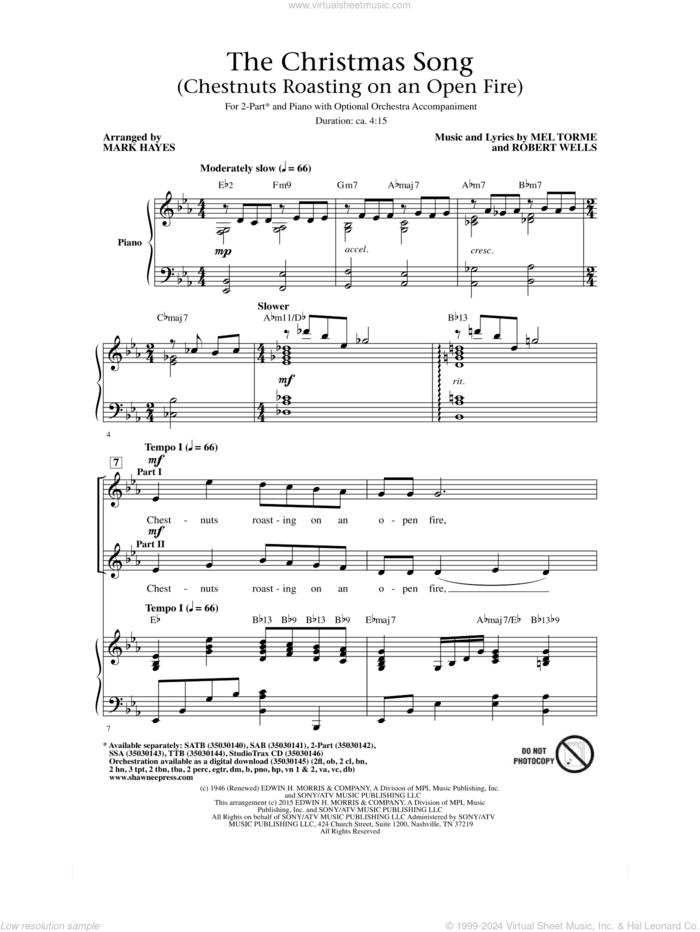 The Christmas Song (Chestnuts Roasting On An Open Fire) sheet music for choir (2-Part) by Mel Torme, Mark Hayes, Mel TormAA, Mel Torme and Robert Wells, intermediate duet