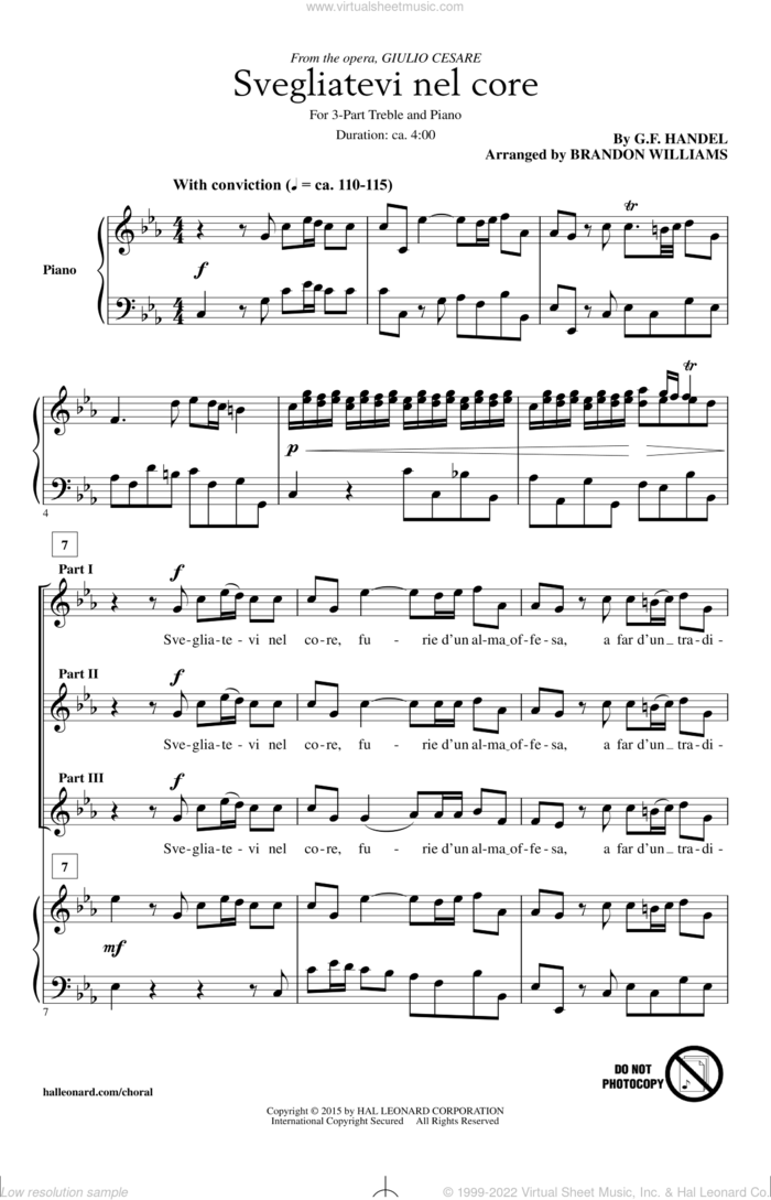 Svegliatevi Nel Core sheet music for choir (3-Part Treble) by George Frideric Handel, Brandon Williams and G.F. Handel, intermediate skill level