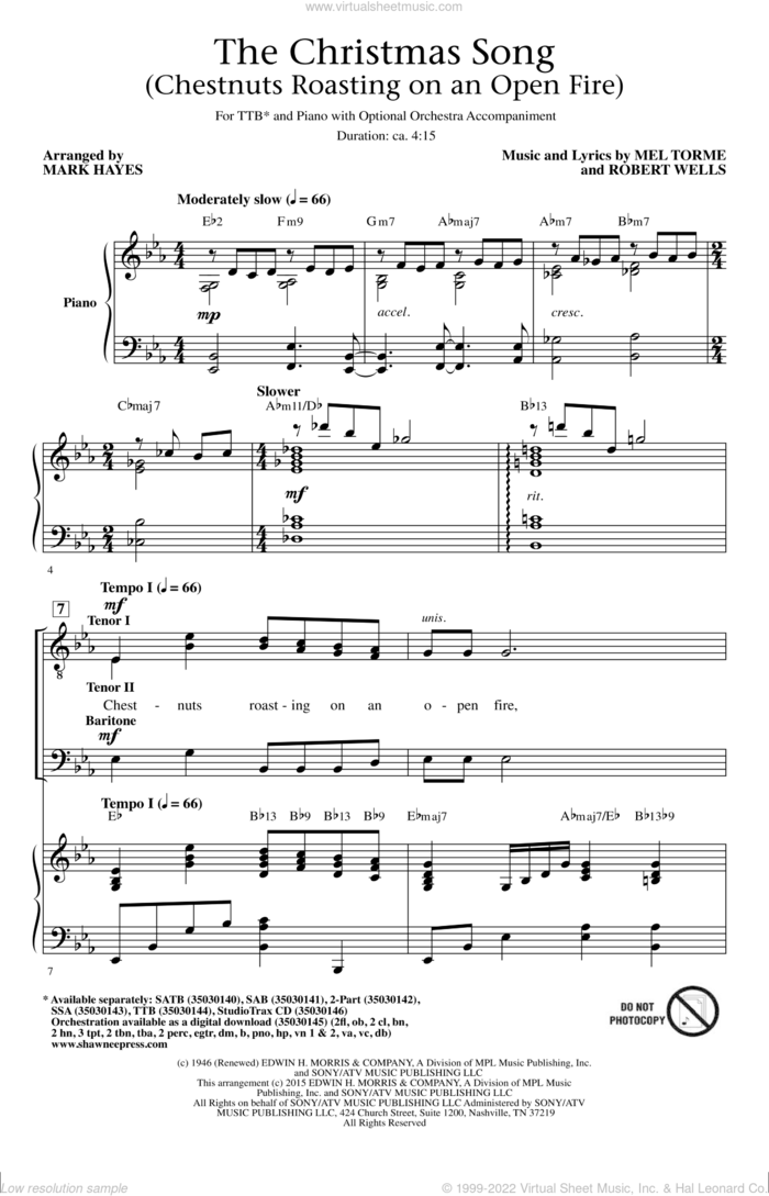 The Christmas Song (Chestnuts Roasting On An Open Fire) sheet music for choir (TTBB: tenor, bass) by Mark Hayes, Mel TormAA, Mel Torme, Mel Torme and Robert Wells, intermediate skill level