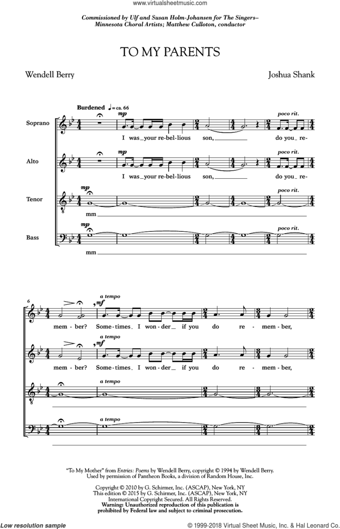 To My Parents sheet music for choir (SATB: soprano, alto, tenor, bass) by Joshua Shank and Dale Warland, intermediate skill level