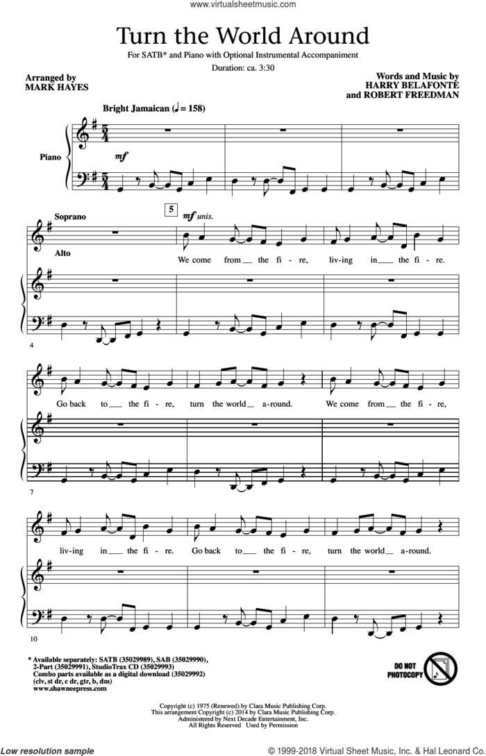 Turn The World Around sheet music for choir (SATB: soprano, alto, tenor, bass) by Harry Belafonte, Mark Hayes and Robert Freedman, intermediate skill level