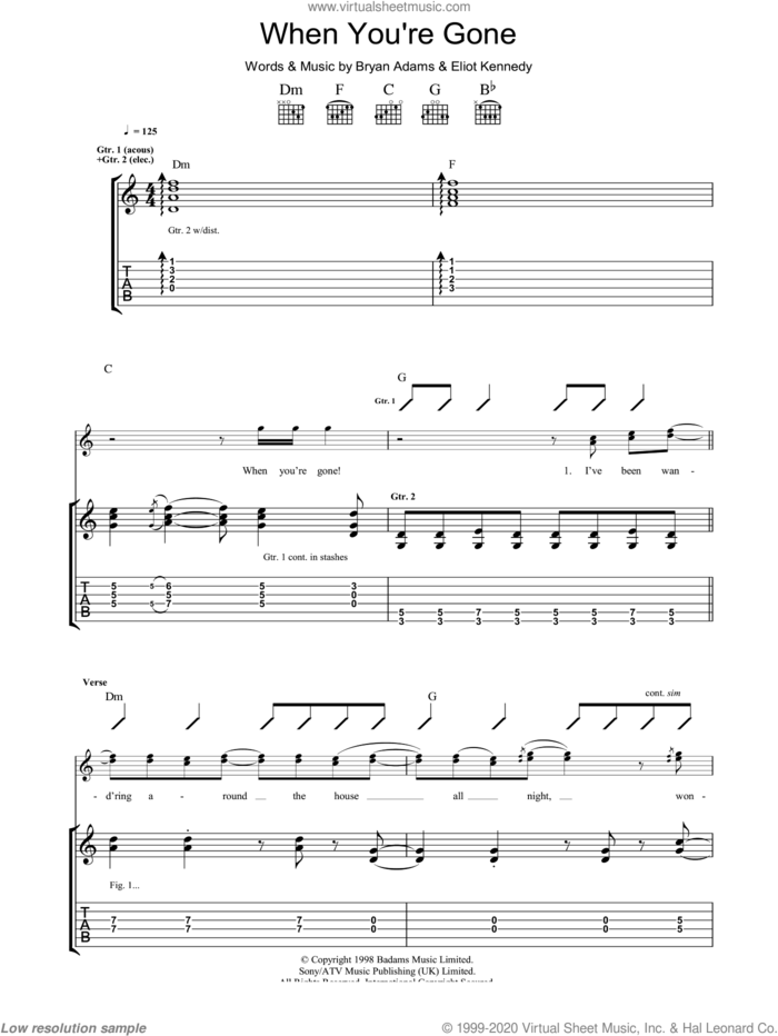When You're Gone sheet music for guitar (tablature) by Bryan Adams, Chisholm Melanie and Eliot Kennedy, intermediate skill level
