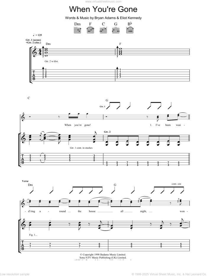 When You're Gone sheet music for guitar (tablature) by Bryan Adams, Chisholm Melanie and Eliot Kennedy, intermediate skill level